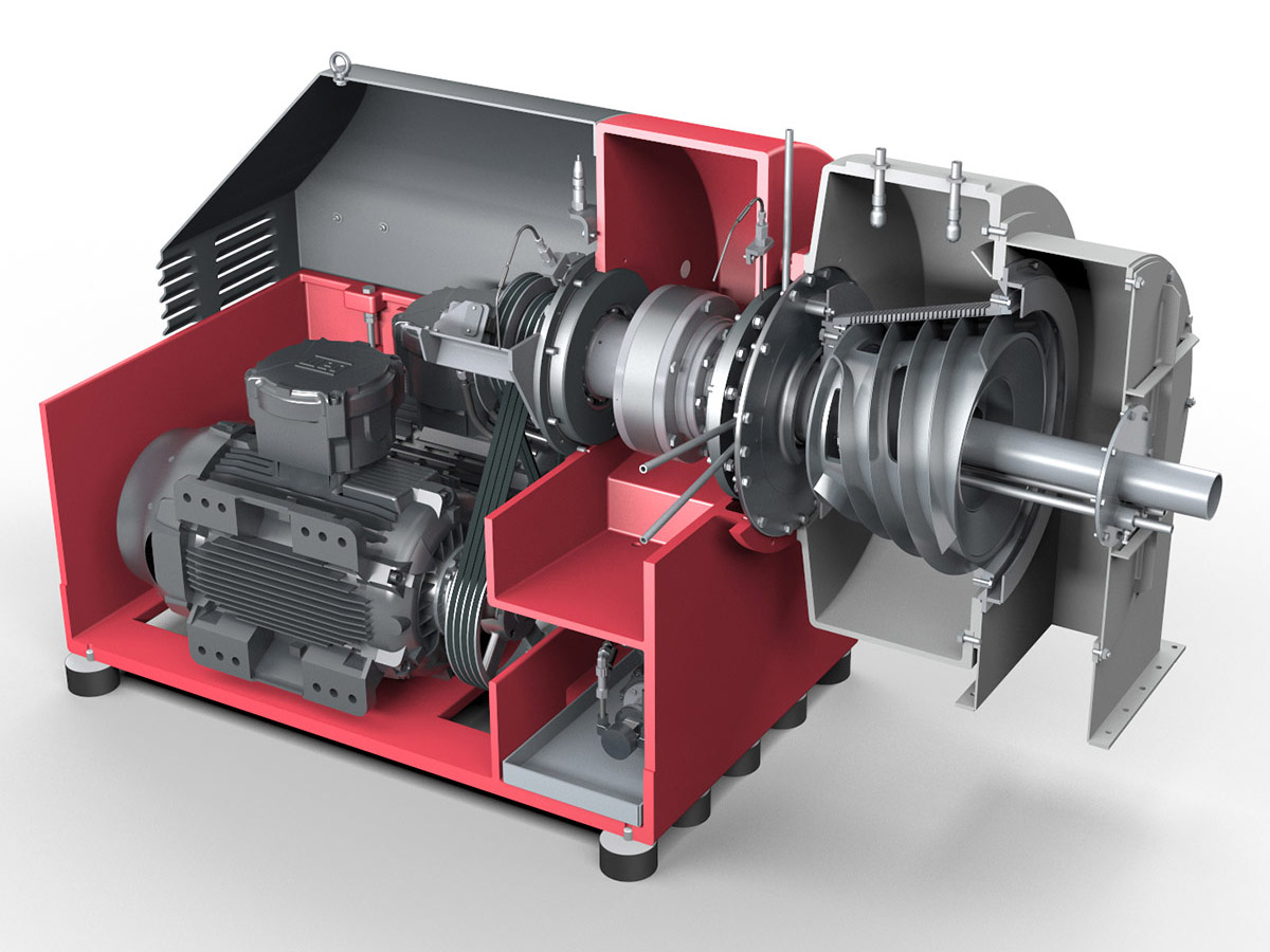 Siebschneckenzentrifuge CONTURBEX - Filtrationszentrifuge. Ansicht auf Motor, Getriebe und Schnecke (Vereinfachte Darstellung)