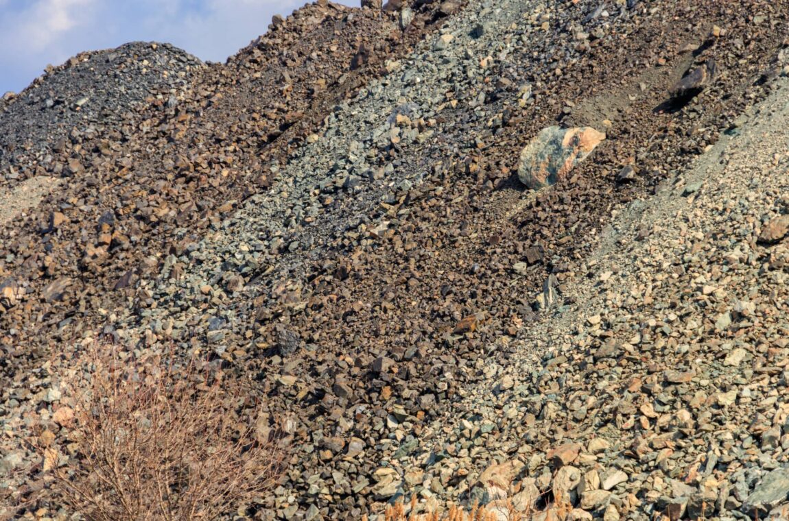 View of the slag heaps of an iron ore mine. The slag heaps from the mining industry can be processed and the raw materials recovered