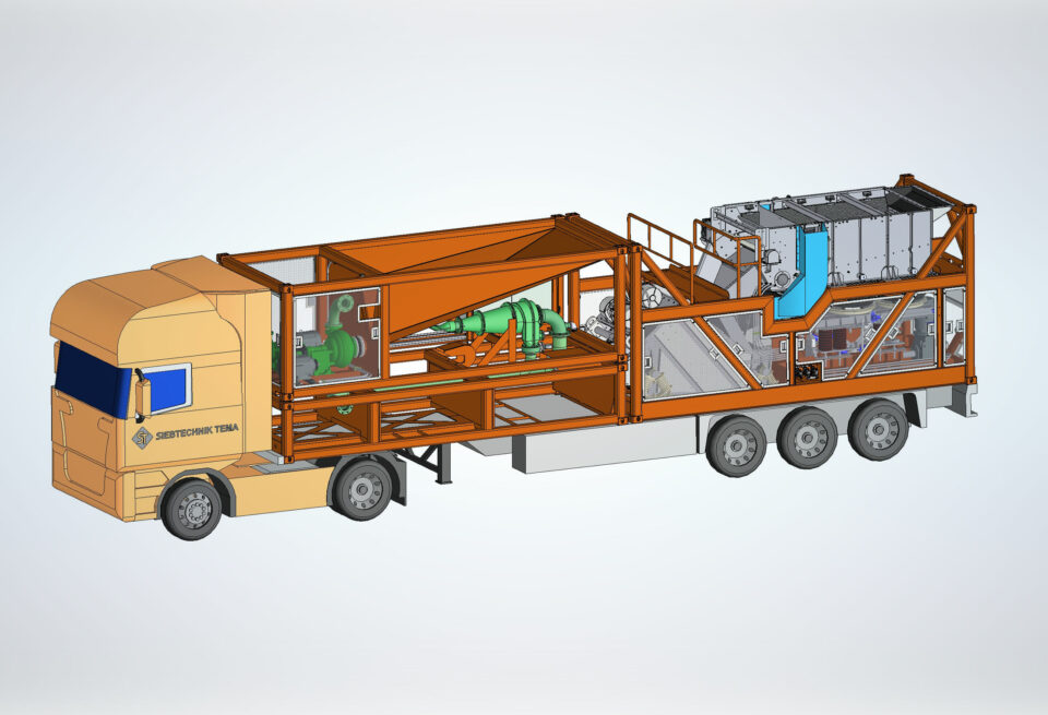 Semi-mobile Setzmaschine 3D Ansicht des Transport LKW. Alle Module der semi-mobilen Setzmaschine sind zusammen genommen nur so groß wie 2 See-Container und können auch entsprechend transportiert werden.