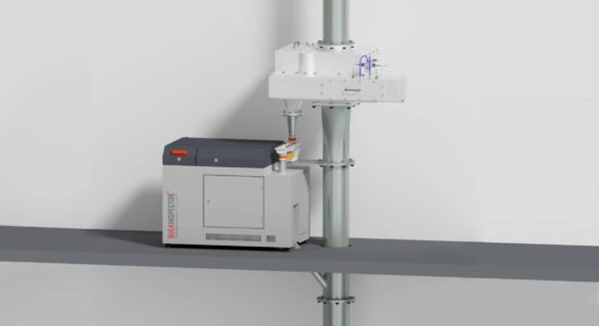 The BULKINSPECTOR gas pycnometer with upstream downpipe swivel sampler as an exemplary installation situation in an automated process for quality control of the porosity of bulk solids.